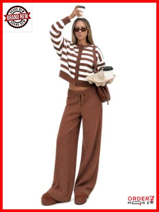 Pants - Women's 2 Piece Sweater Set Striped Cropped Cardigan Drawstring Lounge Pants